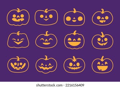 Jack o lantern icons. Halloween carved pumpkins simple illustrations.