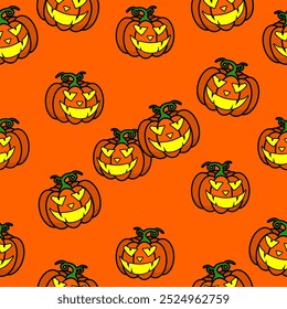 Jack o lantern Infinite pattern background on orange background, Abstract background Seamless Pattern. Halloween pumpkins. Happy Halloween day on October 31st