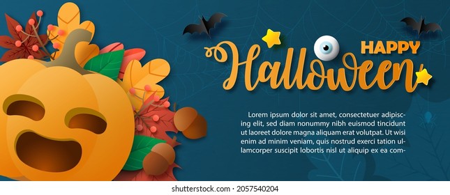 Jack' o lantern on autumn leave with wording of Halloween and example texts on navy blue paper pattern background. Halloween greeting card in paper cut style and banner vector design. 