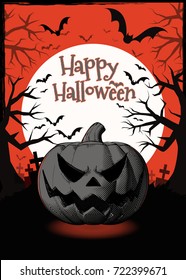 Jack o lantern on full moon in the darkness background with orange and black color tone for halloween greeting 