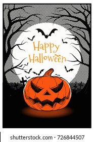 Jack o lantern on full moon in the darkness background with orange and black color tone for halloween greeting 