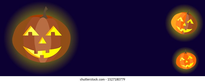 Jack O Lantern, orange halloween pumpkins carved ghost with light in the eyes and mouth in the style  flat design. vector illustration on the black backround.