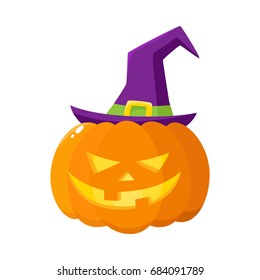 Jack o lantern, orange pumpkin in pointed witch hat, traditional Halloween symbol, cartoon vector illustration isolated on a white background. Halloween pumpkin, jack o lantern in pointed wizard hat