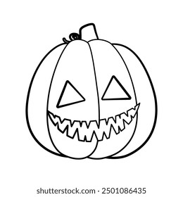 Jack O Lantern Outline Line Art. Cute Creepy Spooky Halloween Pumpkin Doodle. Easy Coloring Book Page Activity For Kids.