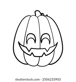 Jack O Lantern Outline Line Art. Cute Creepy Spooky Halloween Pumpkin Doodle. Easy Coloring Book Page Activity For Kids.