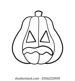 Jack O Lantern Outline Line Art. Cute Creepy Spooky Halloween Pumpkin Doodle. Easy Coloring Book Page Activity For Kids.