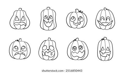 Jack O Lantern Outline Line Art Set. Kürbis Herbst Doodle. Einfache Halloween Malbuch Seite Aktivität für Kinder.