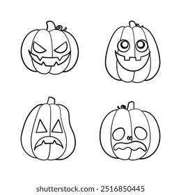 Jack O Lantern Outline Line Art Set. Pumpkin Fall Autumn Doodle. Easy Halloween Coloring Book Page Activity For Kids.