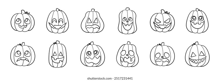 Jack O Lantern Outline Line Art Set. Pumpkin Fall Autumn Doodle. Easy Halloween Coloring Book Page Activity For Kids.