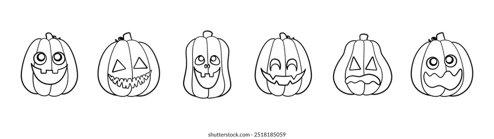 Jack O Lantern Outline Line Art Set. Pumpkin Fall Autumn Doodle. Easy Halloween Coloring Book Page Activity For Kids.