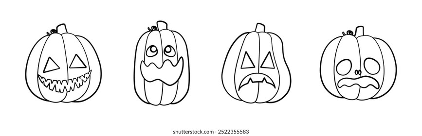 Jack O Lantern Outline Line Art Set. Pumpkin Fall Autumn Doodle. Easy Halloween Coloring Book Page Activity For Kids.