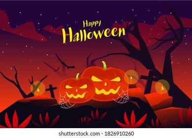 Jack "o" lantern are placed at top of the stone in the center of graveyard for halloween event 