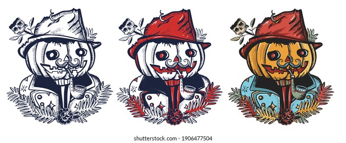 Jack O' Lantern portrait. Funny orange pumpkin man. Old school tattoo vector art. Hand drawn cartoon character set. Isolated on white. Traditional tattooing style