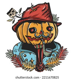 Retrato de Jack O' Lantern. Un hombre gracioso de calabaza naranja. Arte vectorial del tatuaje de la vieja escuela. Gráfico dibujado a mano. Aislado en blanco. Estilo tradicional de tatuaje de flash