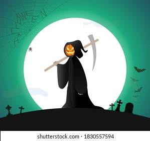 Jack O Lantern pumkin in The Death costume standing on full moon background, Halloween illustration vector 