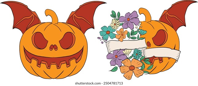 Calabaza de linterna con alas de murciélago y flores. Ilustración de arte