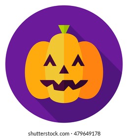 Jack O Lantern Pumpkin Circle Icon. Flat Design Vector Illustration with Long Shadow. Happy Halloween Symbol.