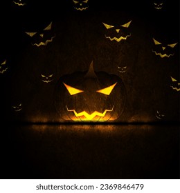 Jack o lantern pumpkin and glowing eyes of monsters in the dark of night. Halloween abstract grunge vector background