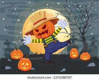 Jack o Lantern Pumpkin with halloween moon night background. Vector clipart illustration. Use the product for printing