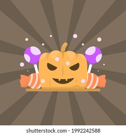 jack o lantern pumpkin head illustration, candy, lollipop. happy halloween concept. trick or treat. flat cartoon style. vector element design