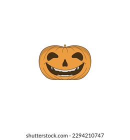 jack o lantern pumpkin illustration, smiling face, two eyes, showing fanged teeth, orange color, front view image,