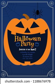 Jack o lantern pumpkin laughing on dark blue background with text space in the mouth for Halloween party invitation