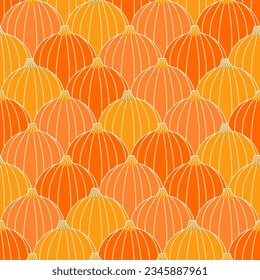 Jack O Lantern Pumpkin Patch in Shades of Orange. Autumn, Fall, Halloween, Thanksgiving Seamless Pattern Design. 