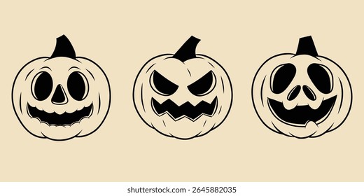 Jack o lantern pumpkin set in vintage style - vector outline illustration