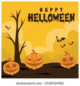 Jack O Lantern pumpkin and spooky tree. Flying bats on a yellow background. Halloween concept. Flat vector illustration.