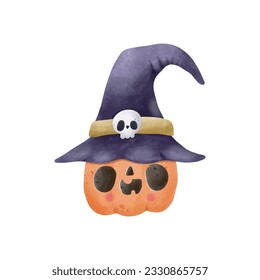 jack o lantern pumpkin wearing witch hat watercolor Happy Halloween holiday. Orange pumpkin with smile for your design for trick or Treating symbol isolated on white background Vector illustration