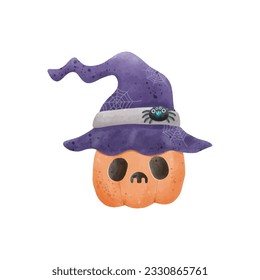 jack o lantern pumpkin wearing witch hat watercolor Happy Halloween holiday. Orange pumpkin with smile for your design for trick or Treating symbol isolated on white background Vector illustration