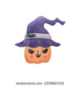 jack o lantern pumpkin wearing witch hat watercolor Happy Halloween holiday. Orange pumpkin with smile for your design for trick or Treating symbol isolated on white background Vector illustration