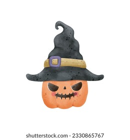 jack o lantern pumpkin wearing witch hat watercolor Happy Halloween holiday. Orange pumpkin with smile for your design for trick or Treating symbol isolated on white background Vector illustration