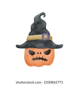 jack o lantern pumpkin wearing witch hat watercolor Happy Halloween holiday. Orange pumpkin with smile for your design for trick or Treating symbol isolated on white background Vector illustration