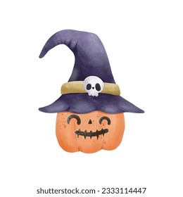 jack o lantern pumpkin wearing witch hat watercolor Happy Halloween holiday. Orange pumpkin with smile for your design for trick or Treating symbol isolated on white background Vector illustration