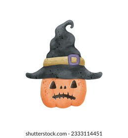 jack o lantern pumpkin wearing witch hat watercolor Happy Halloween holiday. Orange pumpkin with smile for your design for trick or Treating symbol isolated on white background Vector illustration