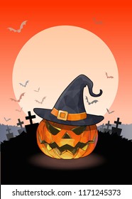 Jack o lantern the pumpkin and witch hat on full moon blank space in the graveyard background with orange and black color tone for halloween greeting 