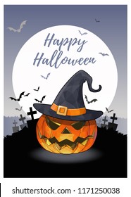 Jack o lantern the pumpkin and witch hat on full moon blank space in the graveyard background with purple gray color tone for halloween greeting 