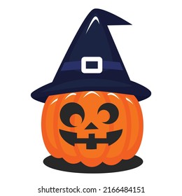 Jack O Lantern Pumpkin with witch hat vector flat design art in cute style and smiling face. perfect for halloween content material element or icon ready to use editable