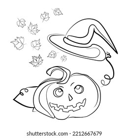 Jack O Lantern Pumpkin with witch hat and autumn leaves flying from the hat Line art abstract vector illustration isolated on white.Halloween design element for print,coloring,cover,emblem,card,