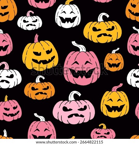 Jack o lantern pumpkins in pink, orange, yellow and white on black background. Seamless Halloween pattern. Halloween celebration concept for design and print