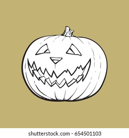 Jack o lantern, ripe pumpkin with carved scary face , traditional Halloween symbol, sketch vector illustration isolated on background. 
