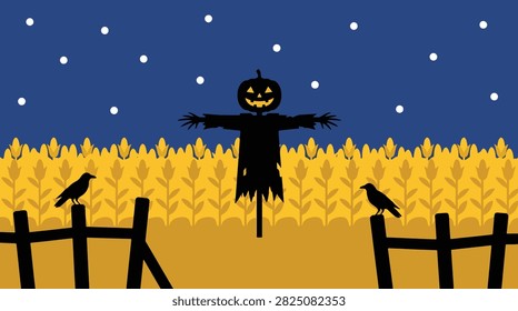 Jack o lantern scarecrow in agricultural field with crows on fence during night time harvest and autumn mood