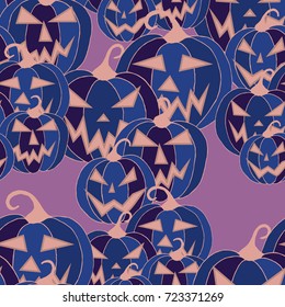 Jack O Lantern Seamless Pattern. Halloween Background with Pumpkins of Strange Colors. Unconventionally Colored Halloween Texture for Textile, Decoration, Wrapping Paper
