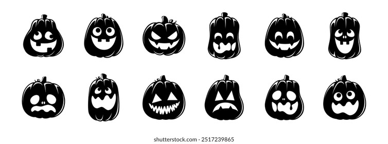 Conjunto de silhuetas Jack O Lantern. Creepy assustador Halloween abóbora outono outono etiqueta imprimir ilustração.