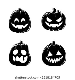 Conjunto de silhuetas Jack O Lantern. Creepy assustador Halloween abóbora outono outono etiqueta imprimir ilustração.