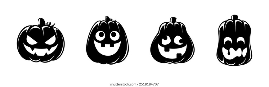 Conjunto de silhuetas Jack O Lantern. Creepy assustador Halloween abóbora outono outono etiqueta imprimir ilustração.