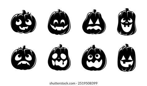 Conjunto de silhuetas Jack O Lantern. Creepy assustador Halloween abóbora outono outono etiqueta imprimir ilustração.