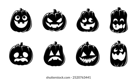 Conjunto de silhuetas Jack O Lantern. Creepy assustador Halloween abóbora outono outono etiqueta imprimir ilustração.