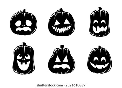 Conjunto de silhuetas Jack O Lantern. Creepy assustador Halloween abóbora outono outono etiqueta imprimir ilustração.